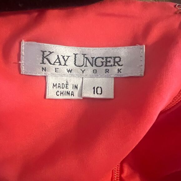 Kay Unger Deep Coral Textured Gold Belted Dress - Picture 15 of 16